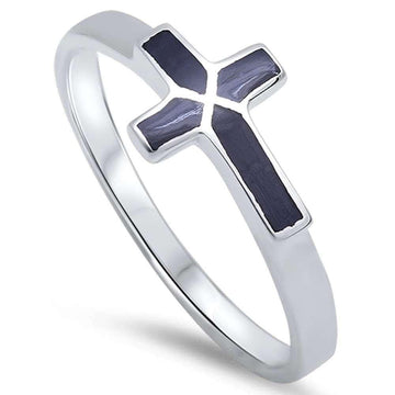 Sideways Cross Ring Simulated Black onyx 925 Sterling Silver